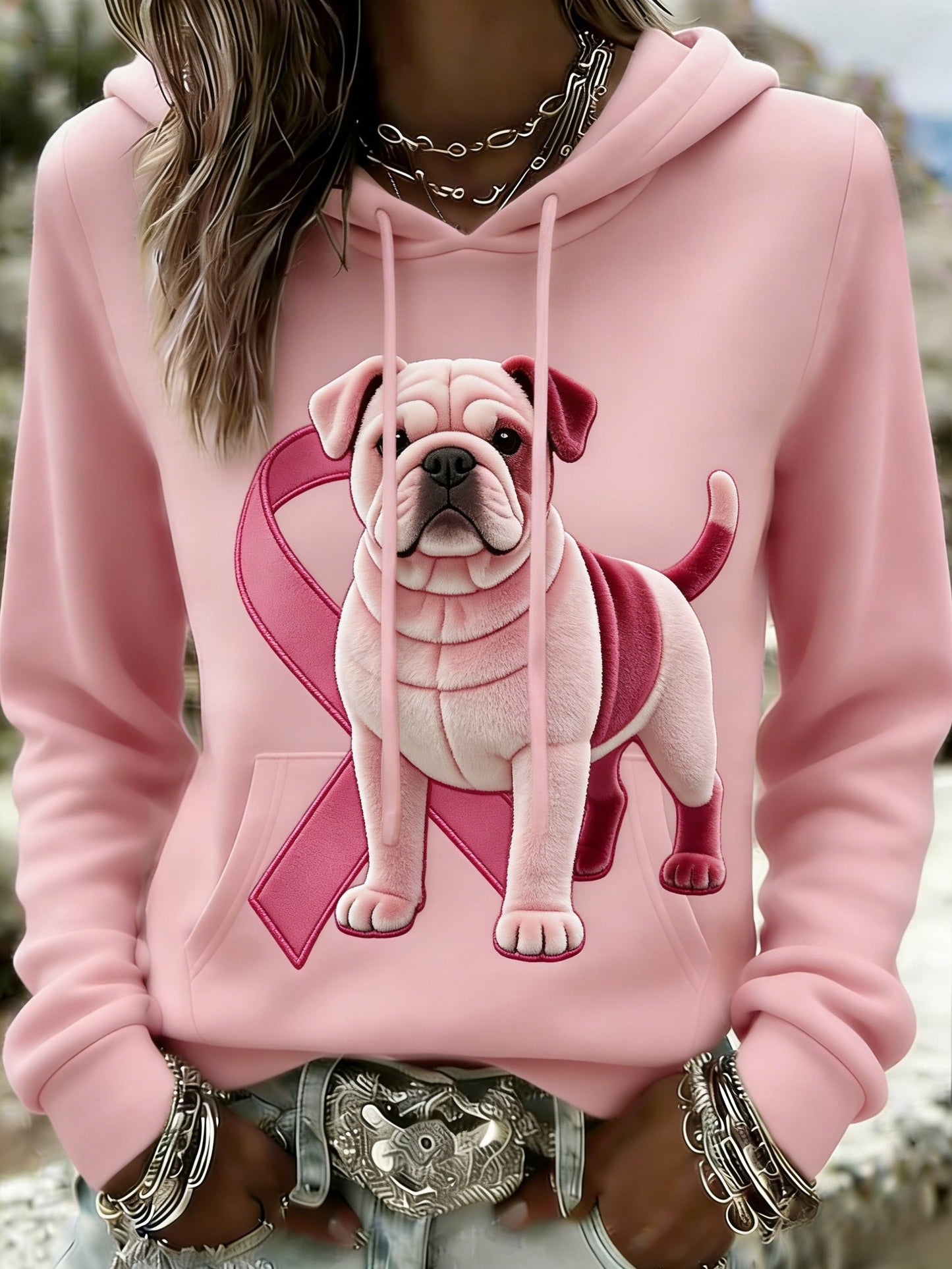 Kvinders Retro Bulldog Brystkræft bevidsthed Casual Hooded sweatshirt