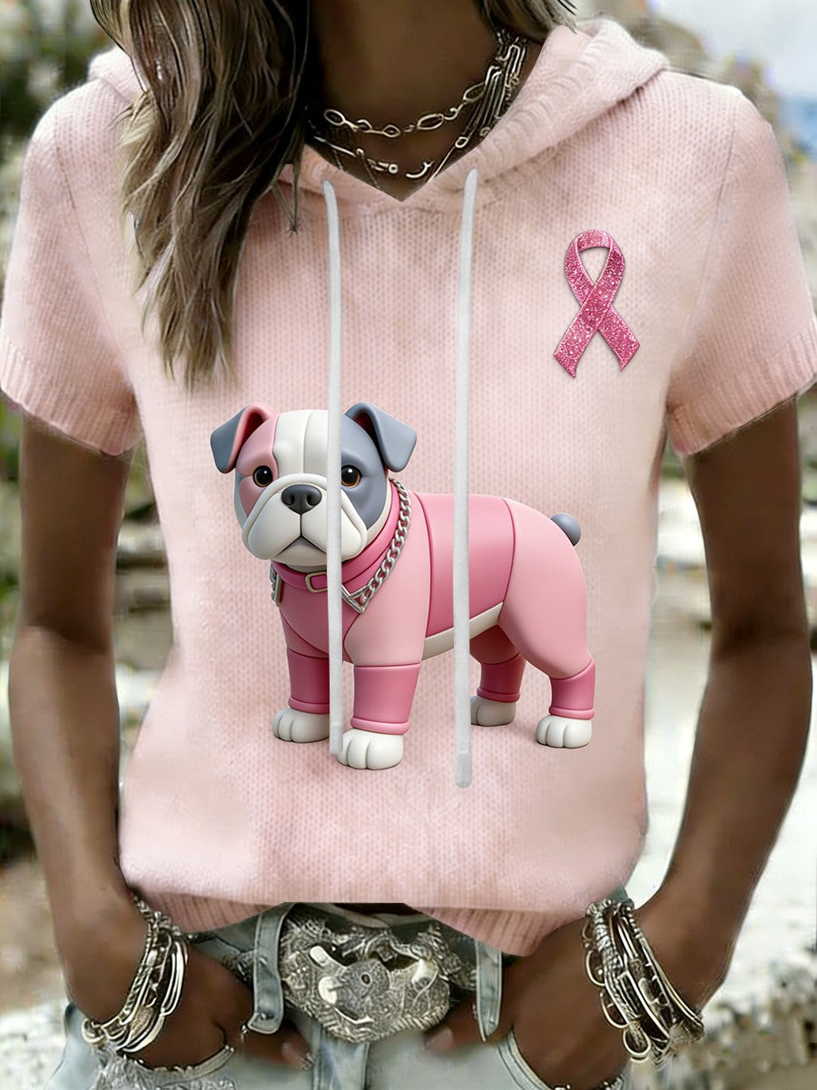 Kvinders Retro Bulldog brystkræft bevidsthed Casual Hooded kortærme T-shirt