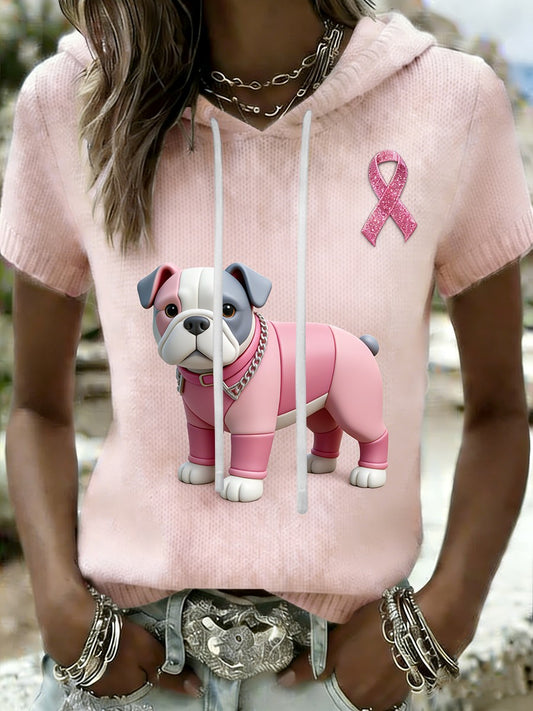 Kvinders Retro Bulldog brystkræft bevidsthed Casual Hooded kortærme T-shirt