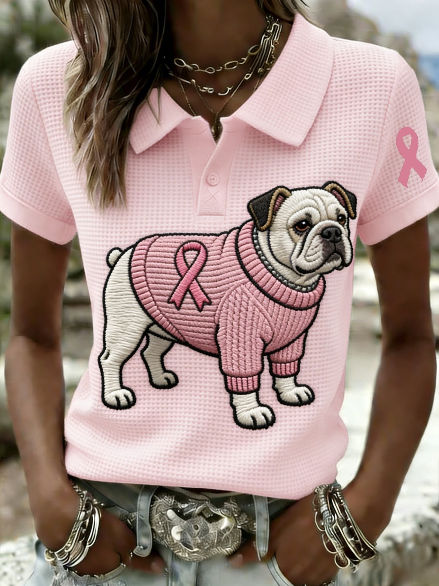 Kvinders Retro Bulldog Brystkræft bevidsthed Casual Short-Sleeve T-Shirt