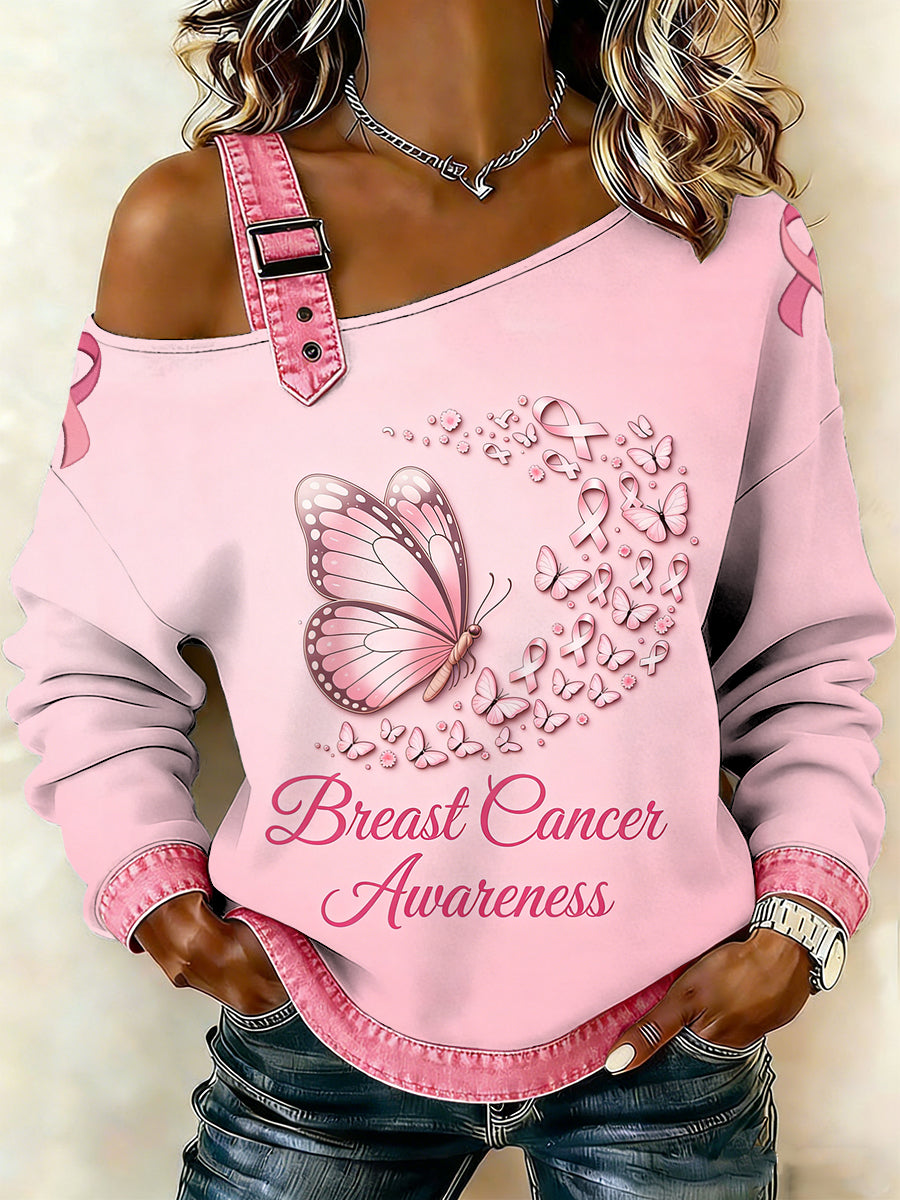 Kvinder Brystkræft Butterfly Printede en skulder Suspender Casual Sweater.