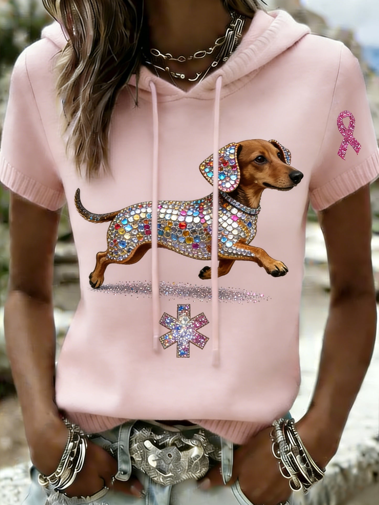 Kvinders Retro Dachhund Bryst kræft bevidsthed Casual Short-Sleeve T-Shirt