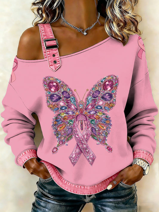 Kvinders brystkræft Printede en skulder Suspender Casual sweater.