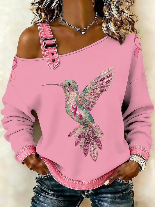 Kvinders brystkræft Fugle Printede en skulder Suspender Casual sweater.
