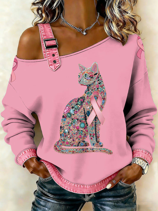 Kvinders brystkræft Printede en skulder Suspender Casual sweater.