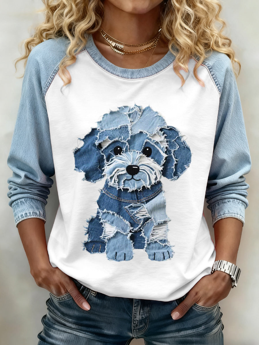 Kvinders dejlige hunde mønster Denim Patchwork Sweatshirt