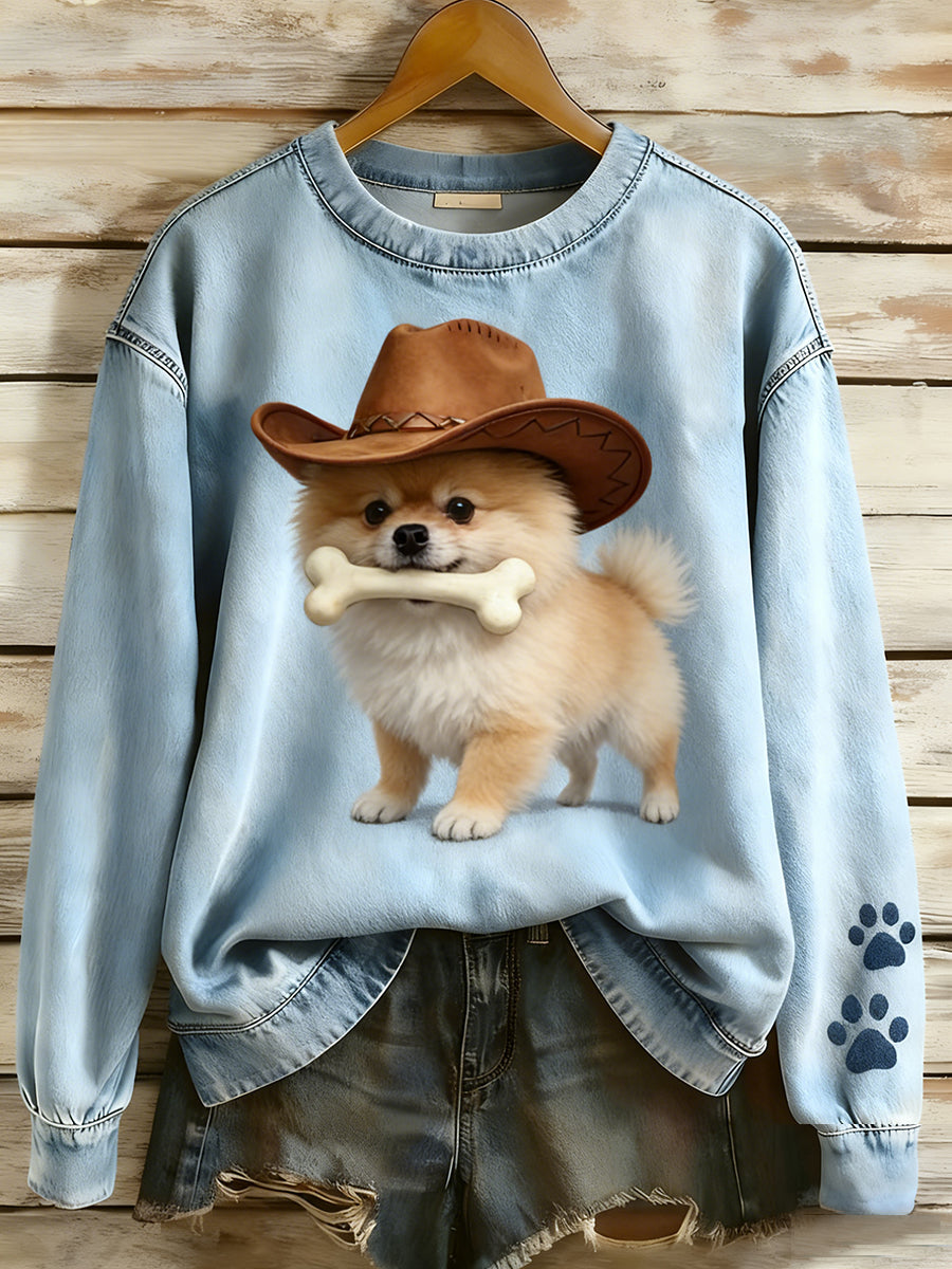 Kvinders Retro Denim Patchwork Animal Art Print Casual Comfort Langærme Sweatshirt