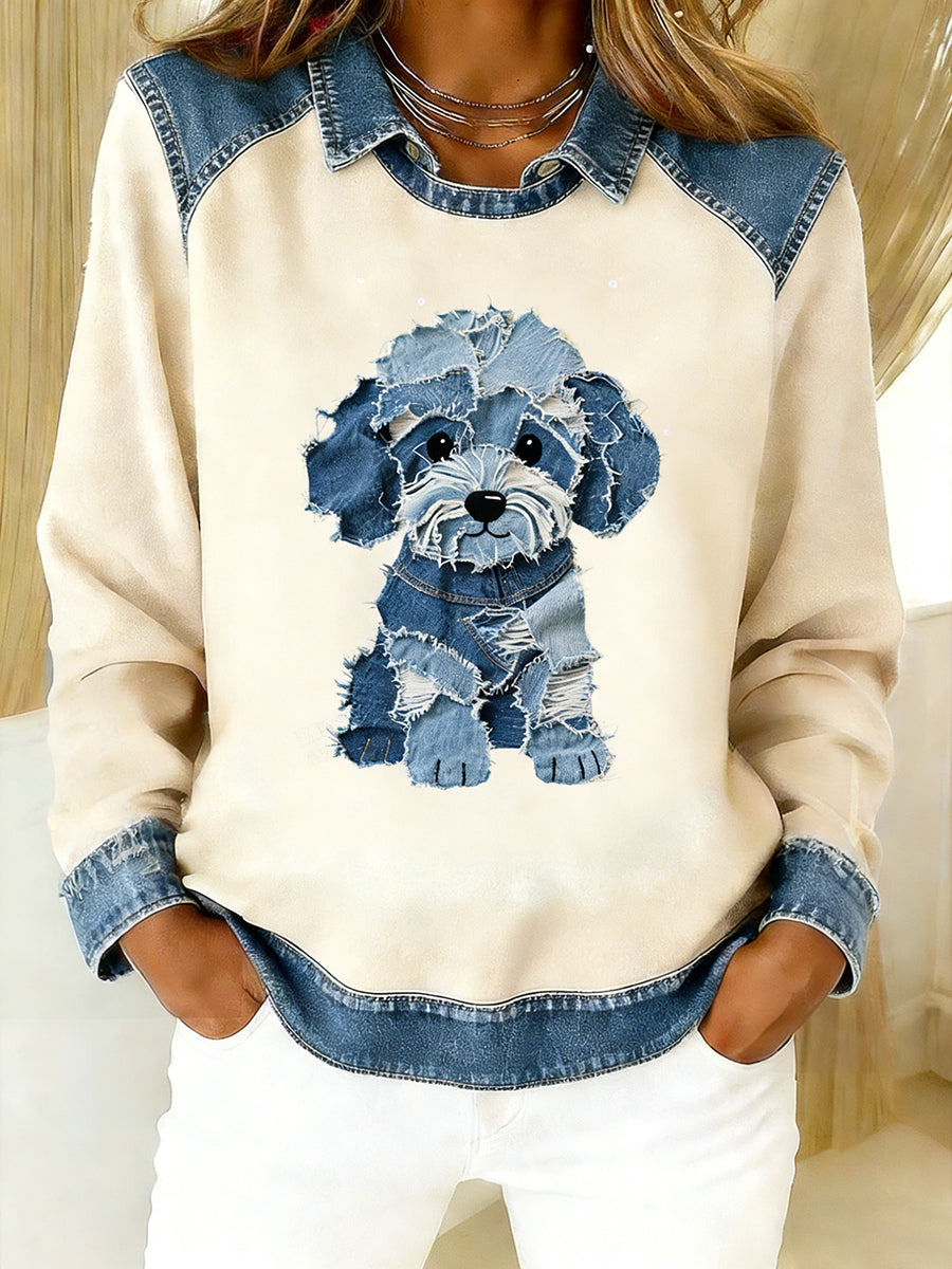 Kvinders Vintage Denim Patchwork top med Animal Art Print, Casual og behagelig