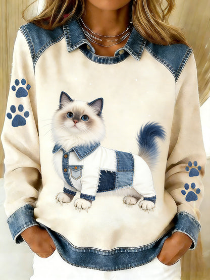 Kvinders Vintage Denim Patchwork top med Animal Art Print, Casual og behagelig
