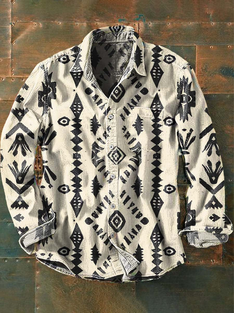 Mens Western Vintage Print Casual Lang ærme skjorte