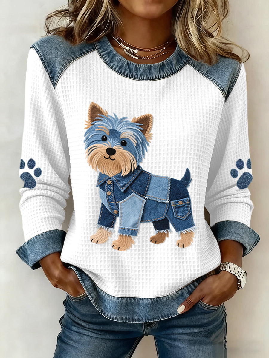Kvinders dejlige Yorkshire Terrier mønster Denim Patchwork Vaffel Sweatshirt