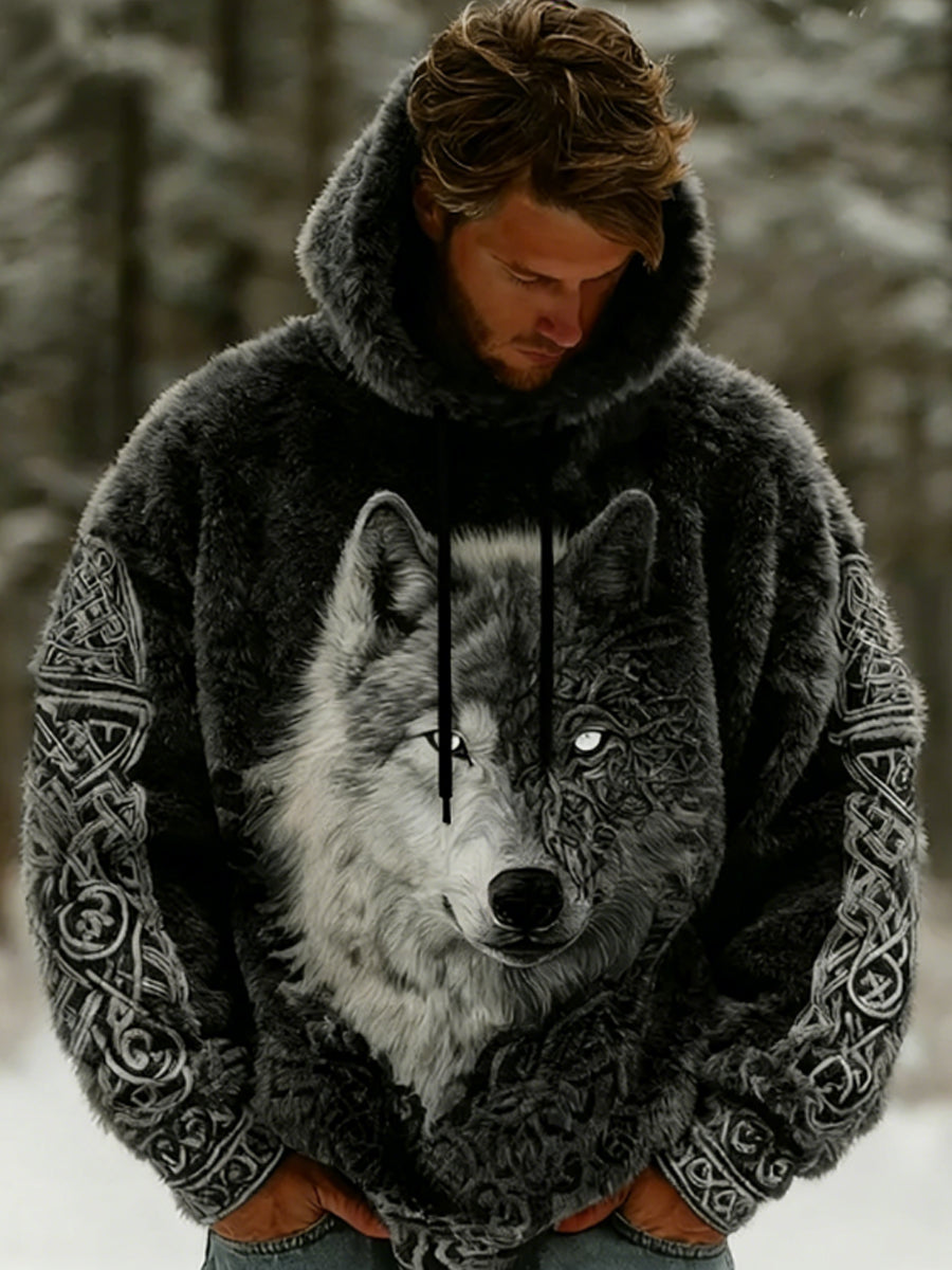 Mænds Viking Wolf Celtic Art Flannel Hyggelig varm Hoodie.