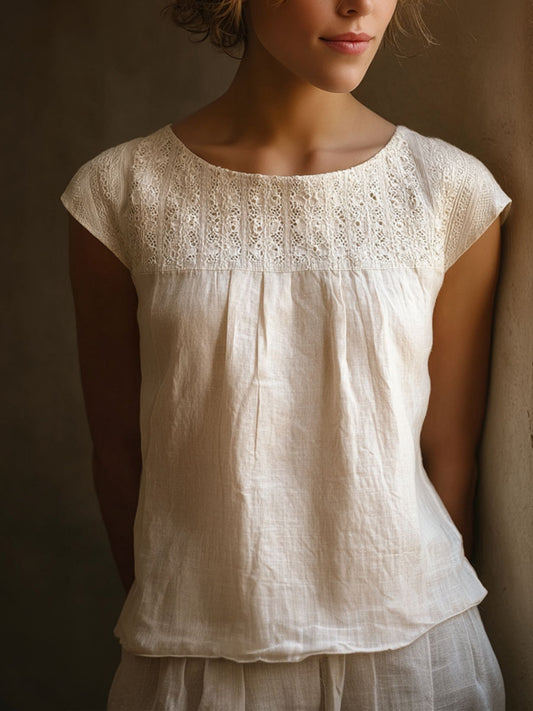 Kvindernes Vintage Lace Patchwork Linen skjorte