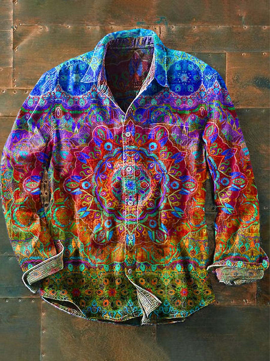 Mænds Vintage Mandala Print Casual Lapel Lang ærme skjorte