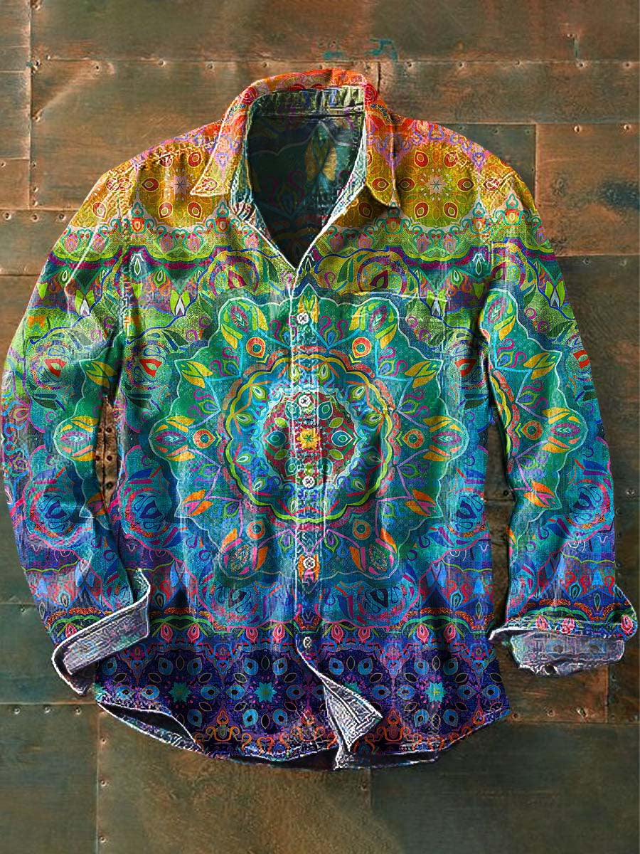 Mænds farverige Vintage blomster Print Casual Lapel Lang ærme skjorte