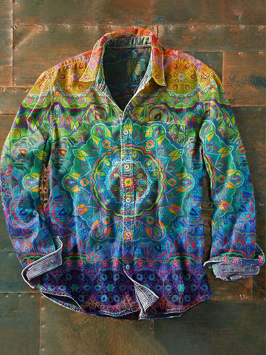 Mænds farverige Vintage blomster Print Casual Lapel Lang ærme skjorte