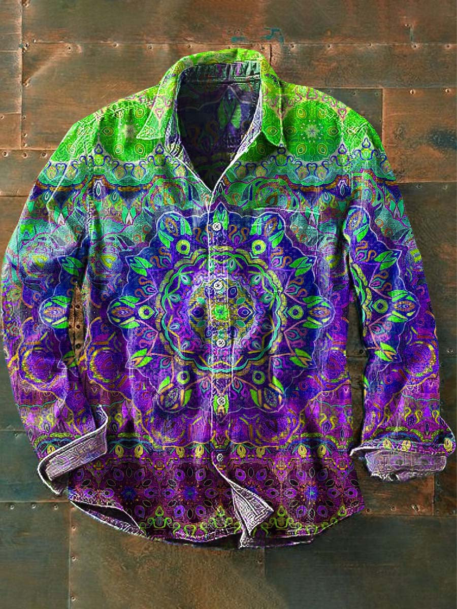 Mænds Vintage Mandala Print Casual Lapel Lang ærme skjorte