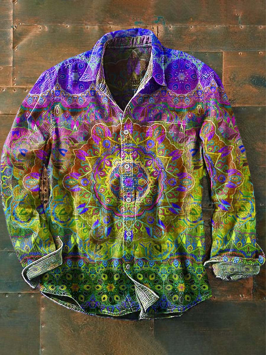 Mænds Vintage Mandala Print Casual Lapel Lang ærme skjorte