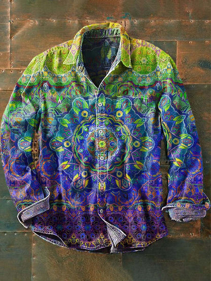 Mænds Vintage Mandala Print Casual Lapel Lang ærme skjorte