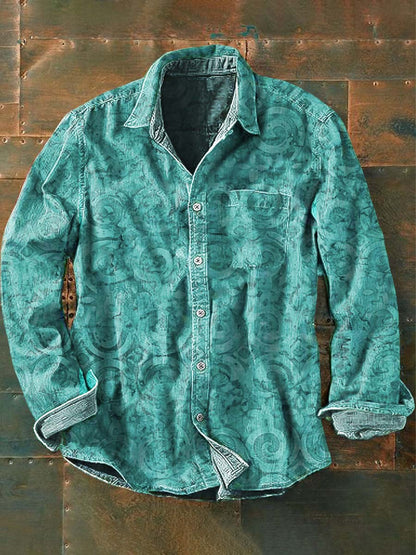 Mænds Vintage Western Print Casual Langærme Skjorte