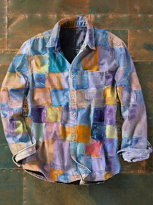 Unisex mænds Vintage farverige plaid Abstrakt Print Casual Langærme skjorte