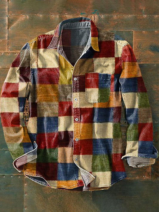 Herre vintage farveblok patchwork kunstprint langærmet skjorte med brystlomme