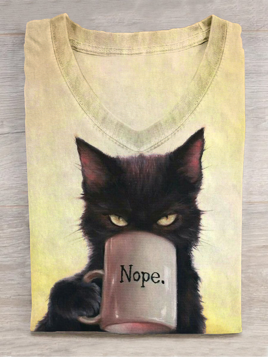 Funny kat kunst print V-hals T-shirt