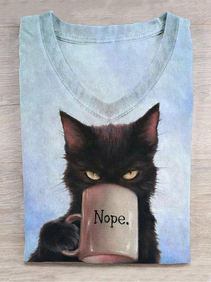 Funny kat kunst print V-hals T-shirt