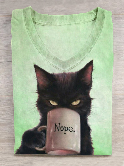 Funny kat kunst print V-hals T-shirt