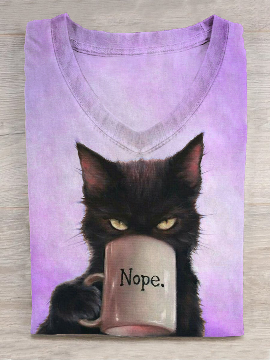 Funny kat kunst print V-hals T-shirt