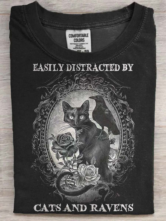Halloween Black Cat og Ravn Print Casual Short Sleeve T-shirt