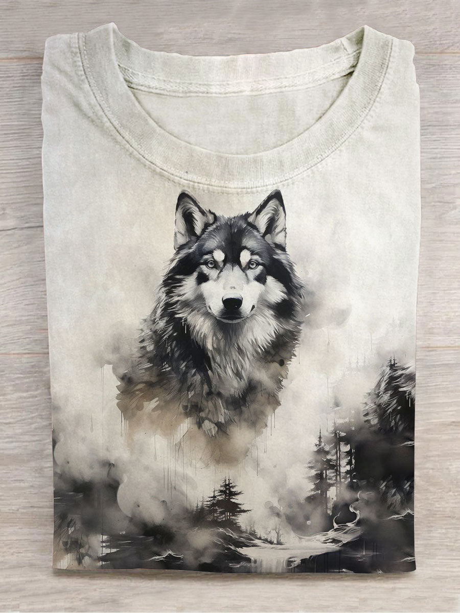 Unisex Ink Maleri Wolf Abstract Print Design T-Shirt