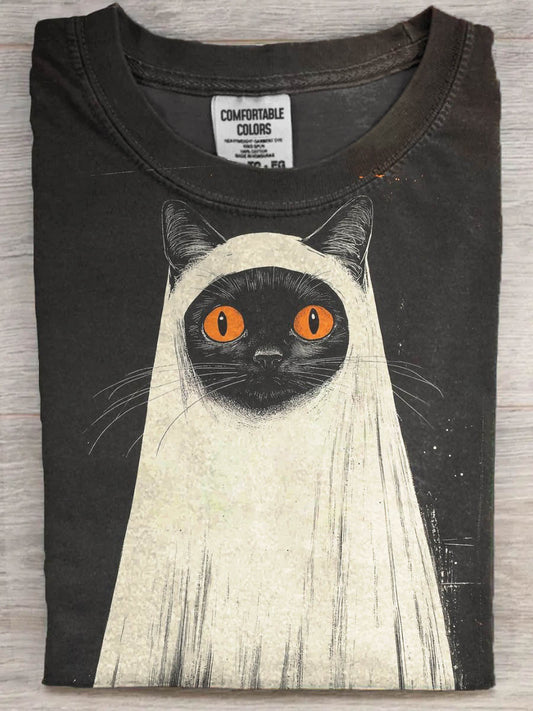 Halloween sort kat Print Casual korte ærme T-shirt