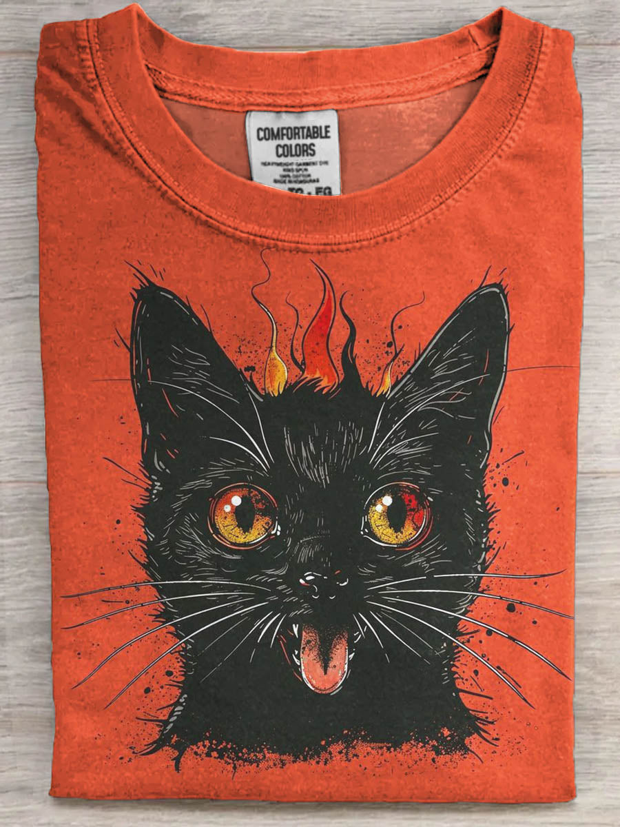Halloween sort kat Print Casual korte ærme T-shirt