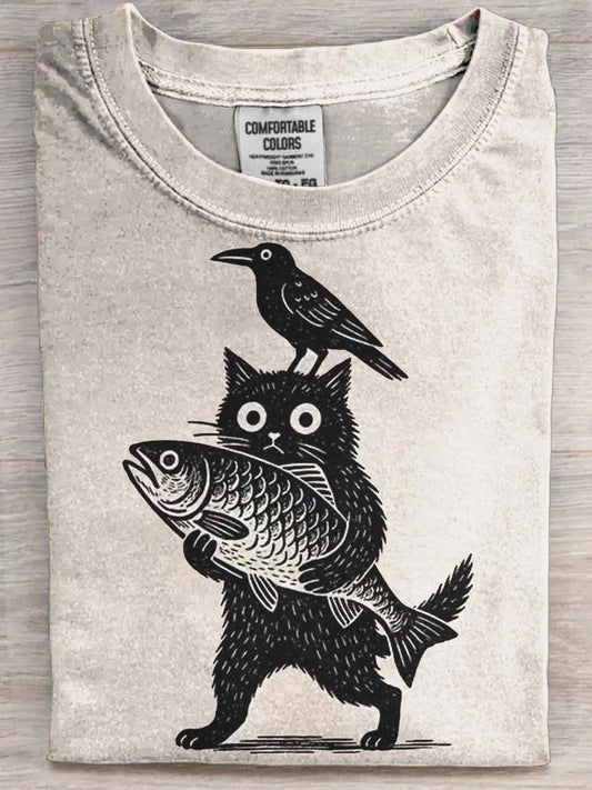 Funny Cat Crow Print Casual Kort ærme T-shirt
