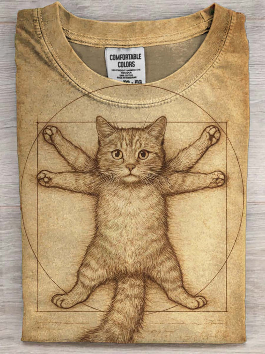 Sjov Vitruvius Kitten Skitse Print Casual Short Sleeve T-shirt