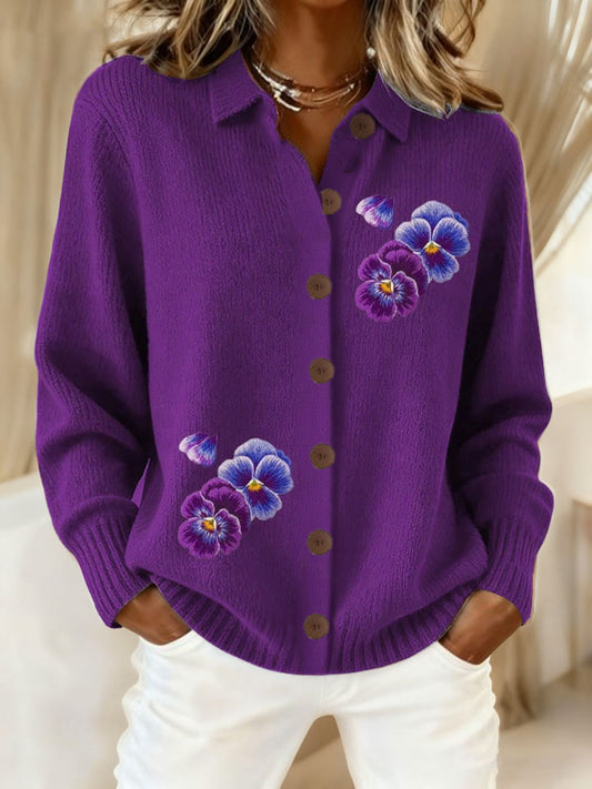 Kvinders lilla kunst Strik Lapel Knap Strik Cardigan