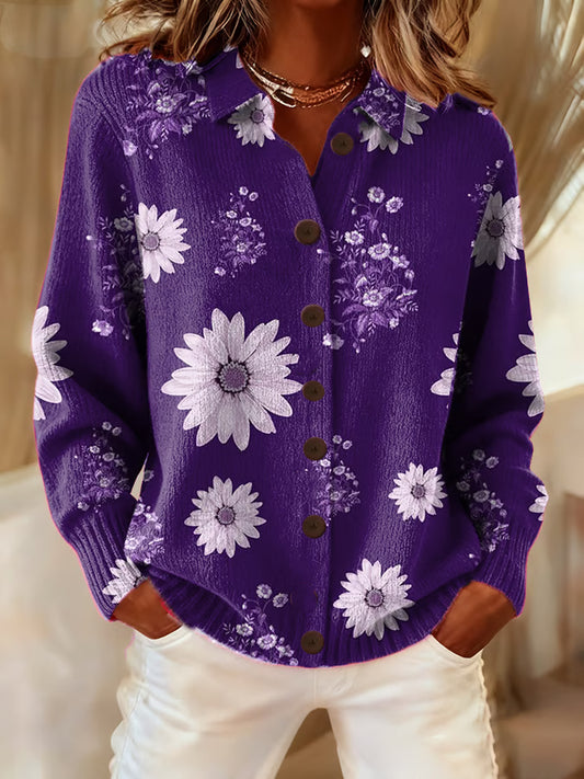 Kvinder Casual Retro Lilla Blomster Cardigan
