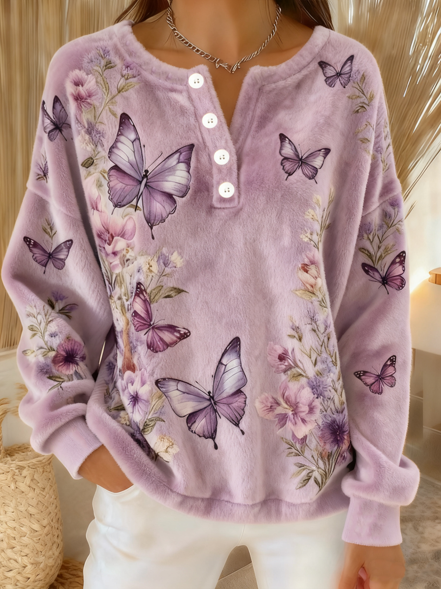 Kvinders lilla blomster sommerfugl Mønster Hyggelig langærme flannel cardigan