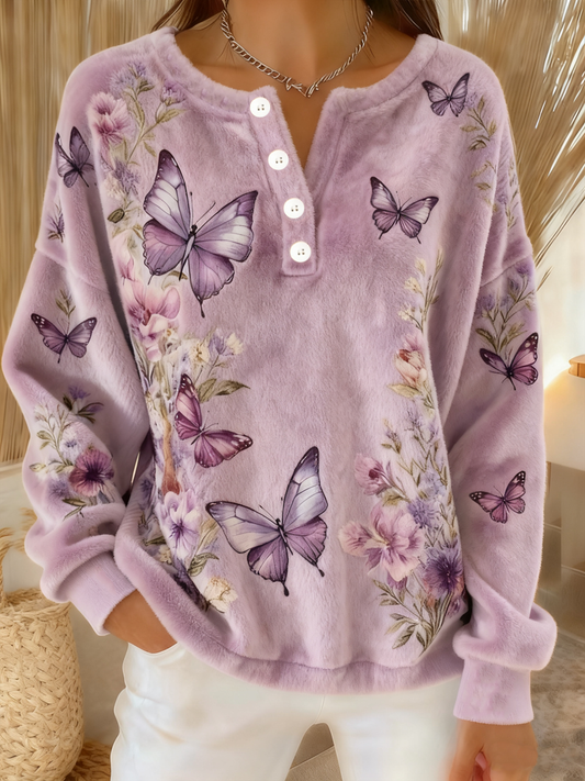 Kvinders lilla blomster sommerfugl Mønster Hyggelig langærme flannel cardigan