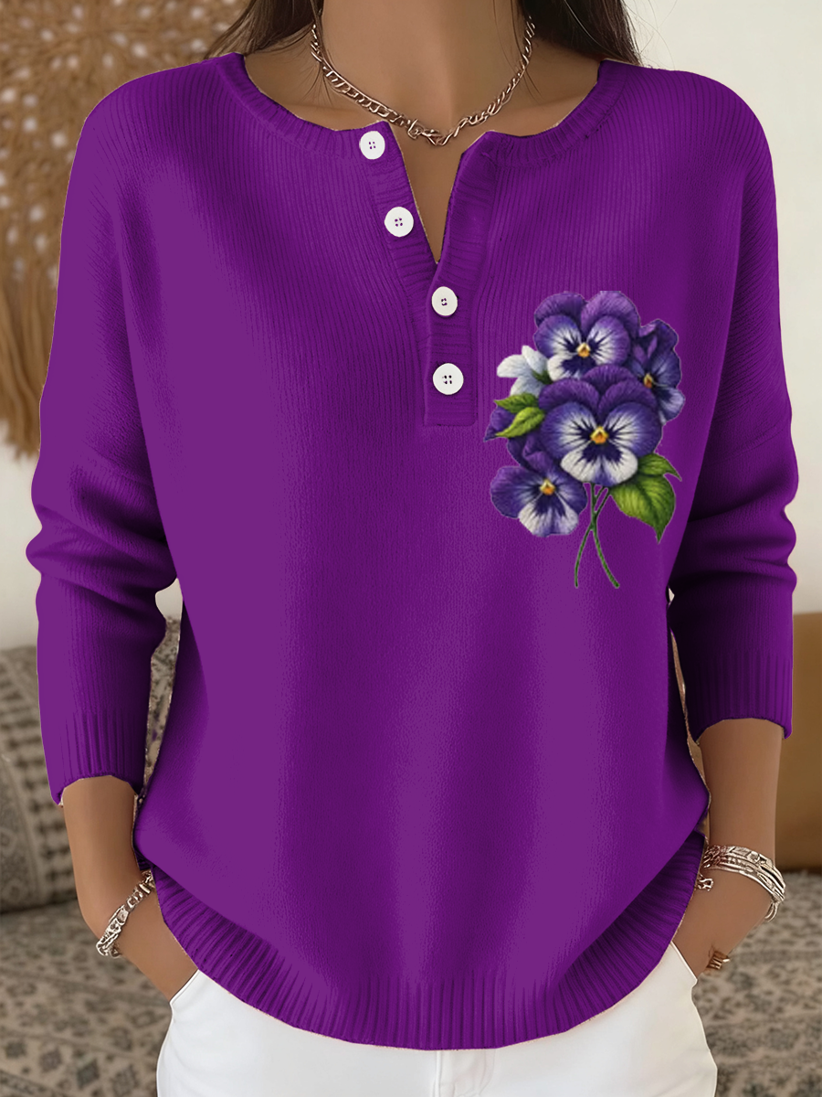 Kvinder Retro Lilla Blomster Trykket langærme cardigan