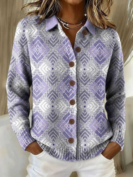 Kvinders Casual Retro Lilla Geometric Cardigan