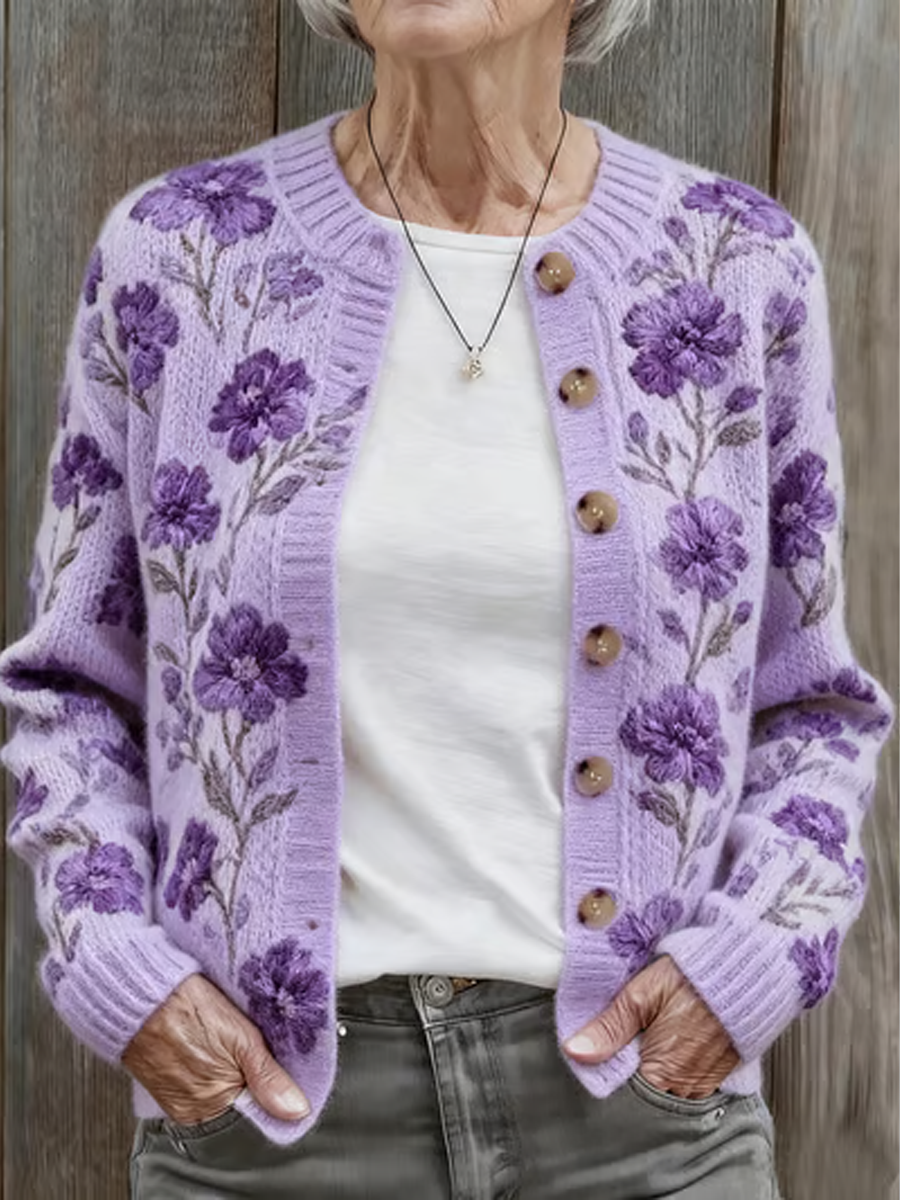Kvinder efterår og vinter lilla blomster komfortable varm sweater Cardigan