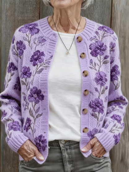 Kvinder efterår og vinter lilla blomster komfortable varm sweater Cardigan