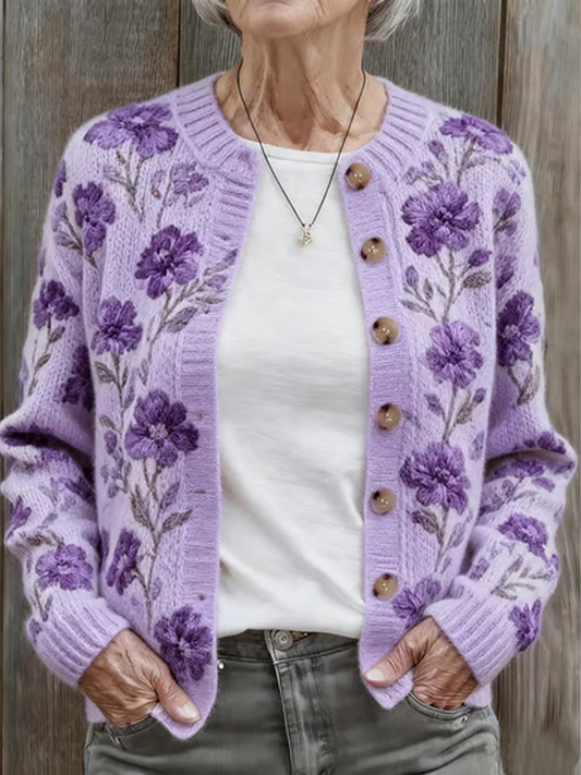 Kvinder efterår og vinter lilla blomster komfortable varm sweater Cardigan