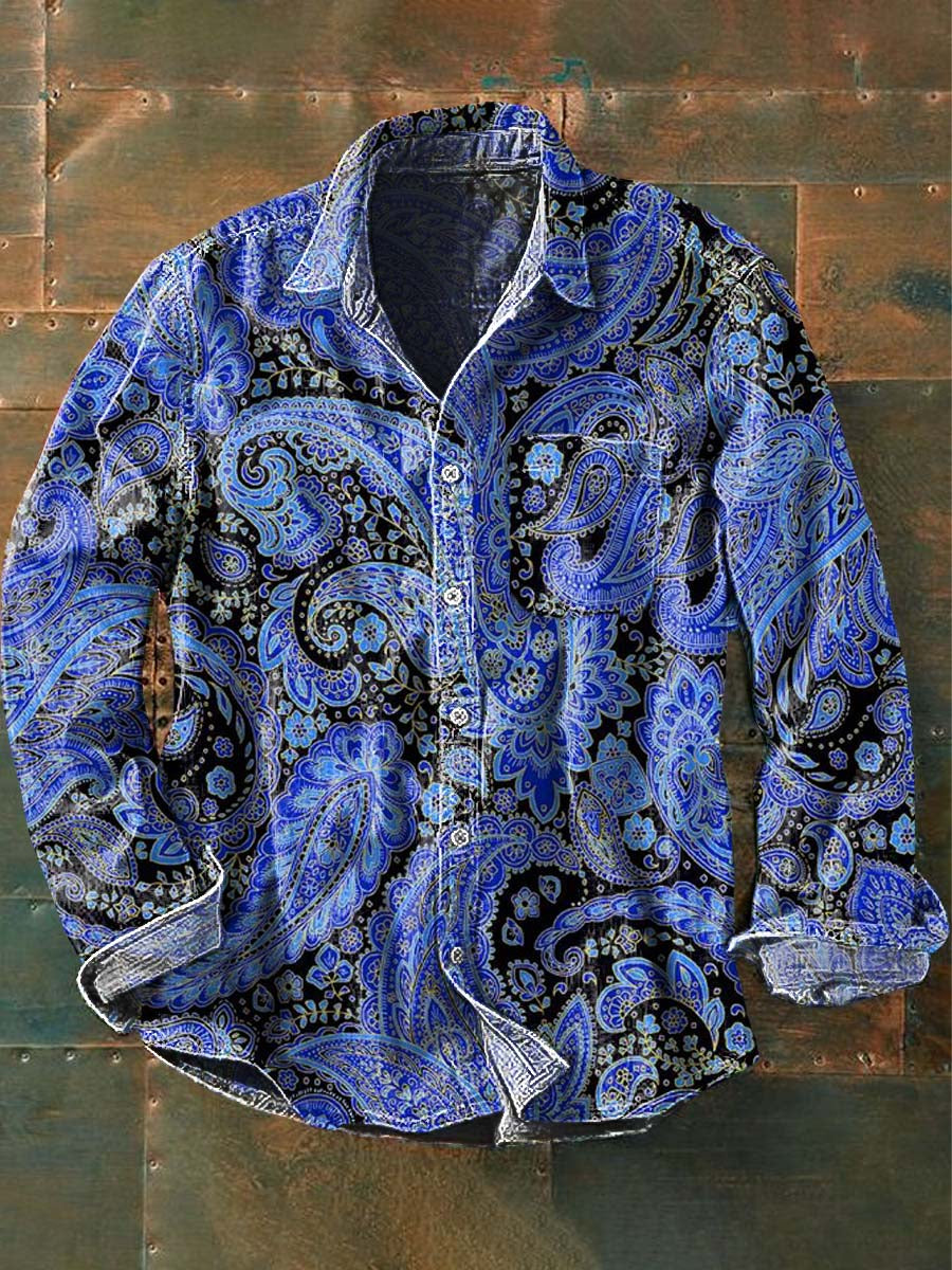 Mænds Vintage Cashew Flower Print Casual Lapel Lang ærme skjorte