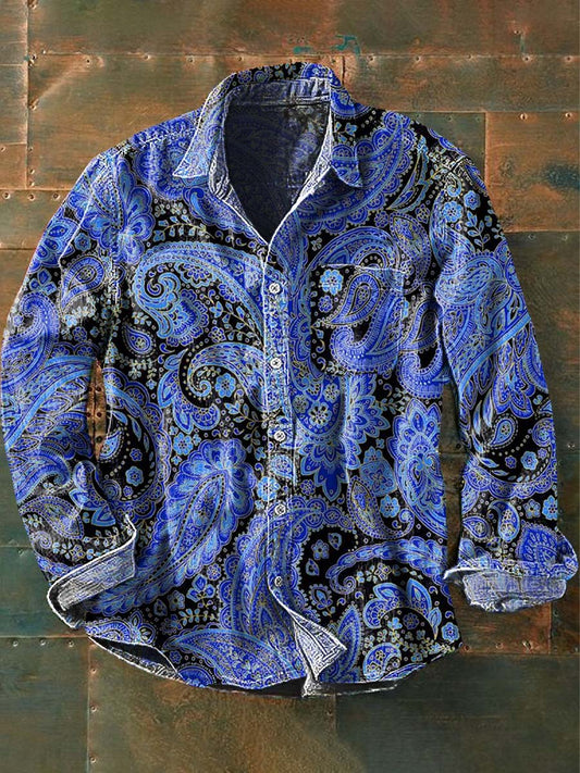 Mænds Vintage Cashew Flower Print Casual Lapel Lang ærme skjorte