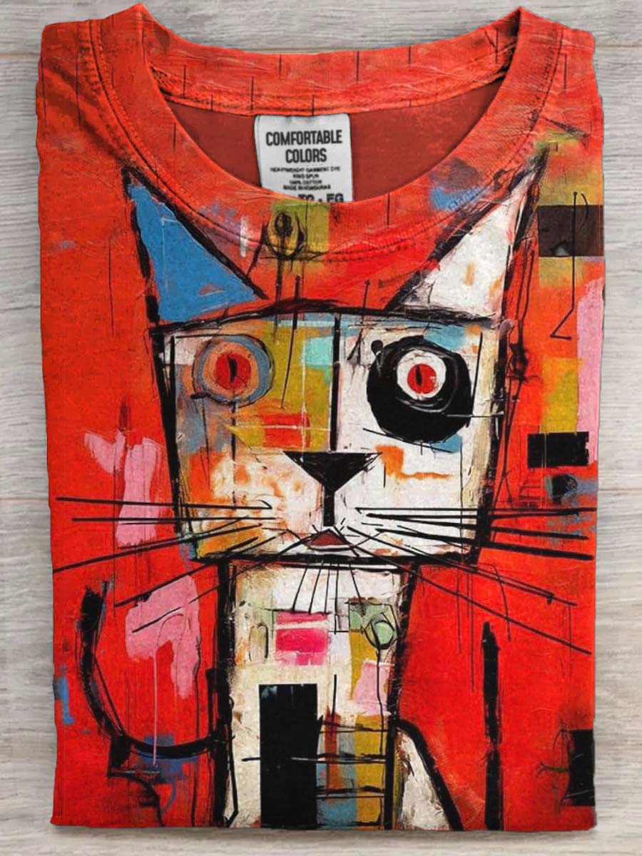 Abstrakt Farverige kat Print Casual Short Sleeve T-shirt