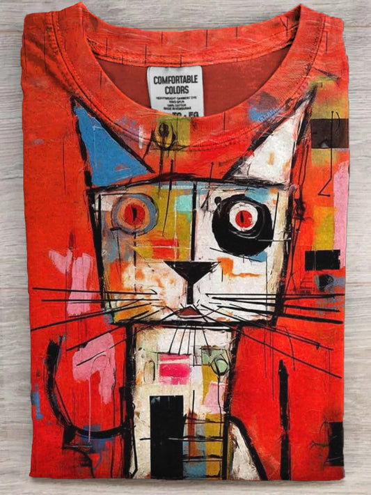 Abstrakt Farverige kat Print Casual Short Sleeve T-shirt