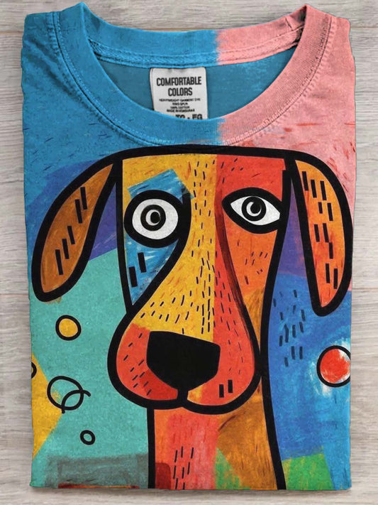 Abstrakt Farverige hvalp Print Casual Short Slem T-shirt